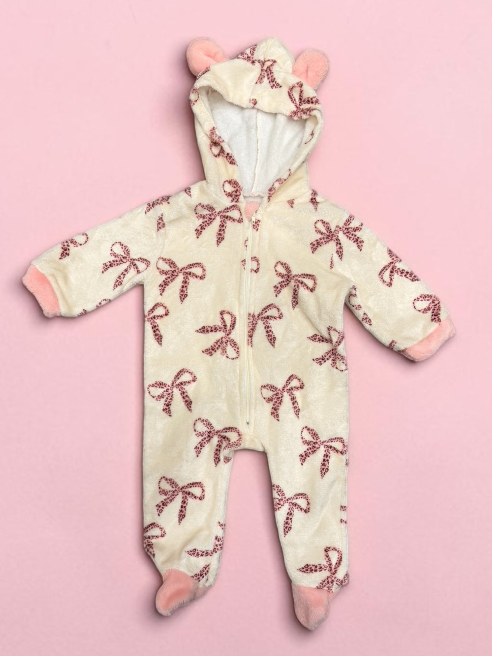 Baby Pink Bow-Print Fleece Footed Romper - Unbranded